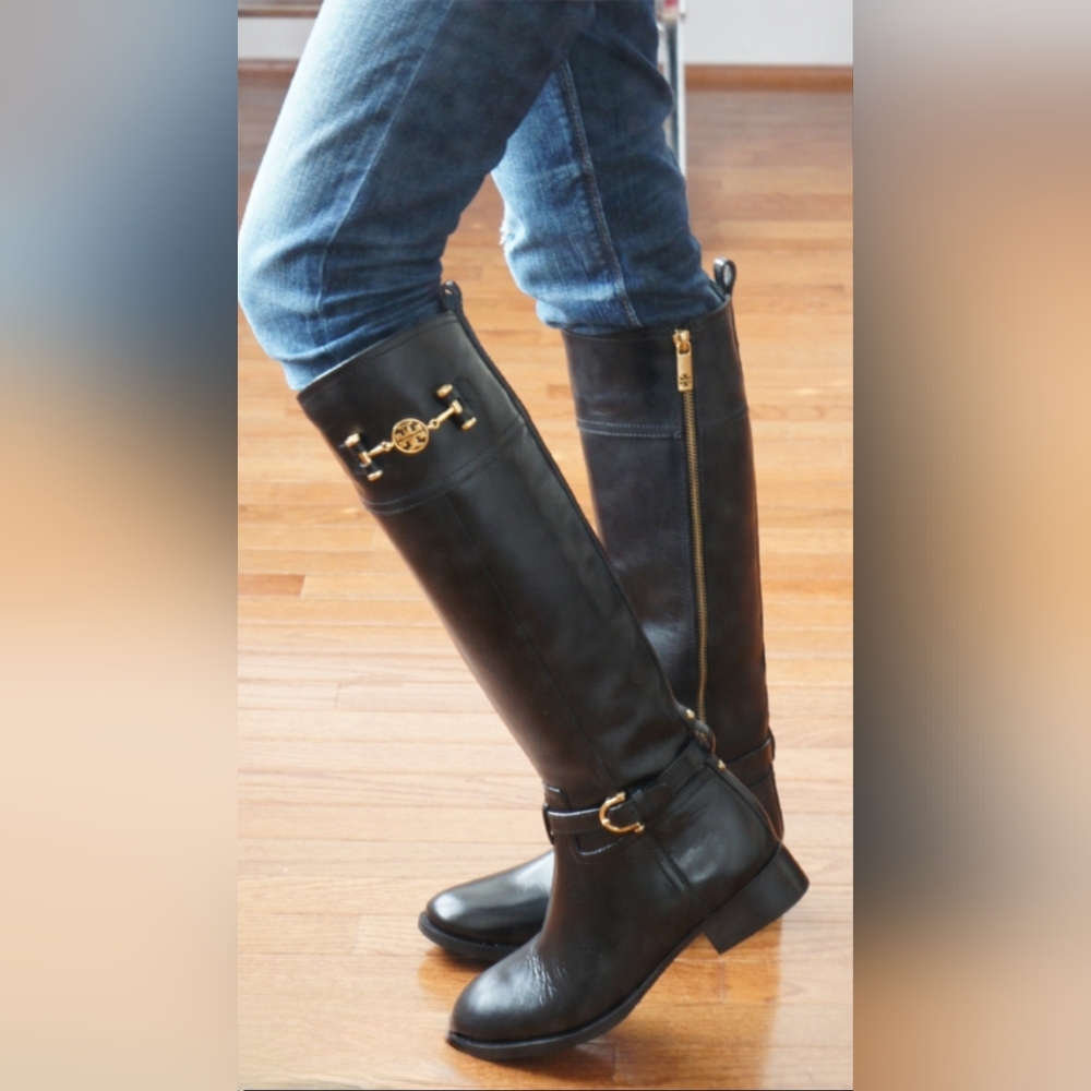 Tory Burch Designer Nadine Black Leather Tall Riding Boots 8 - Picture 2 of 10